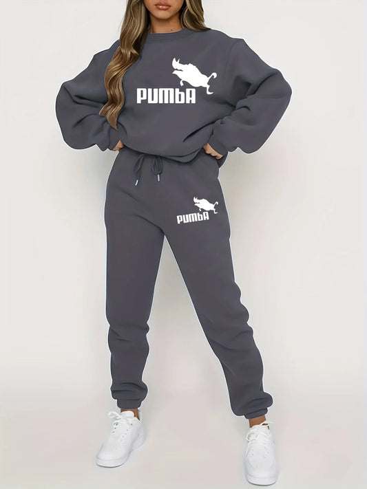 Women's autumn and winter hip-hop street casual letter pattern printed round neck sports shirt+sports pants set warm clothing